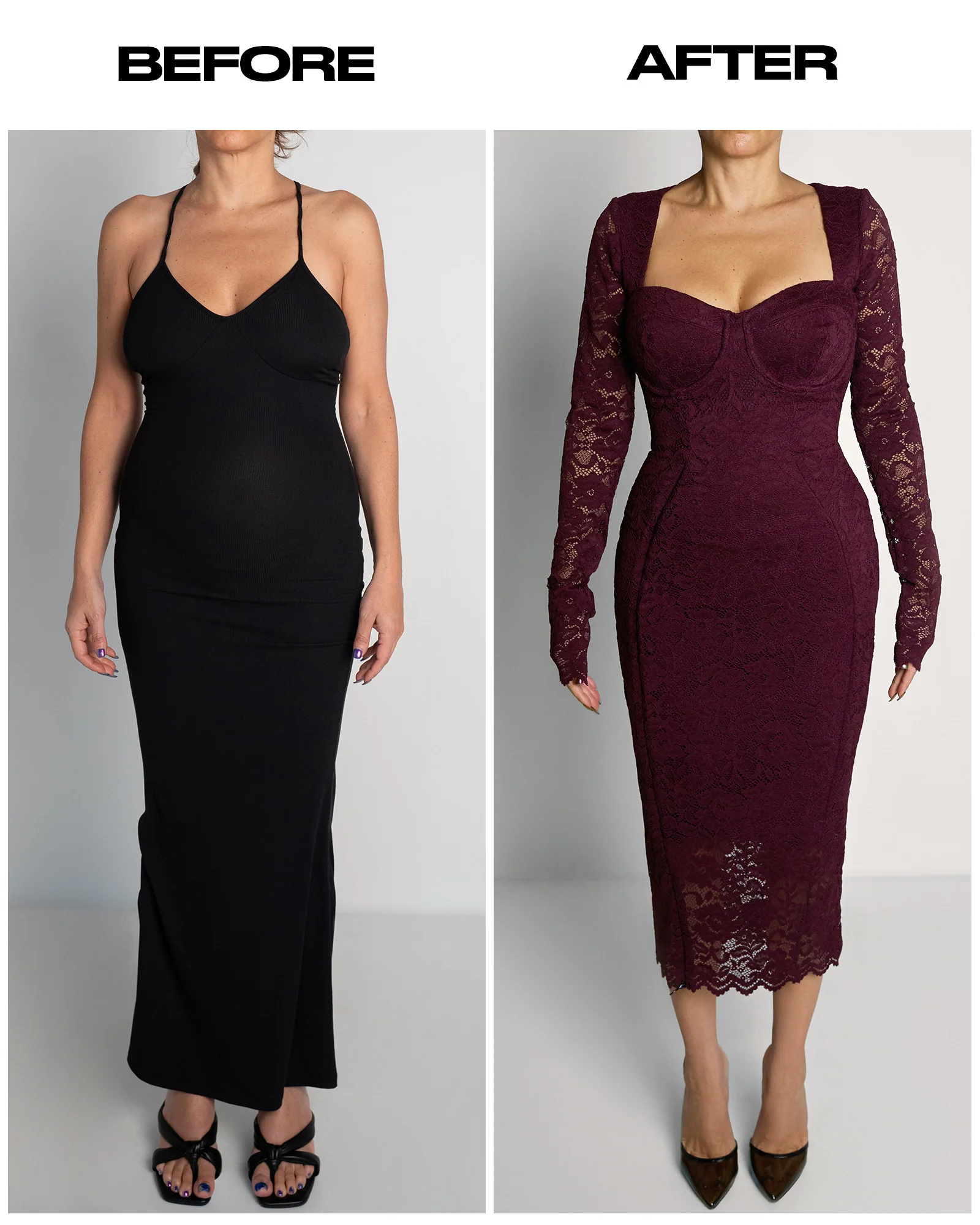 Seamed Lushy Long Sleeve Midi Dress - Lace Garnet