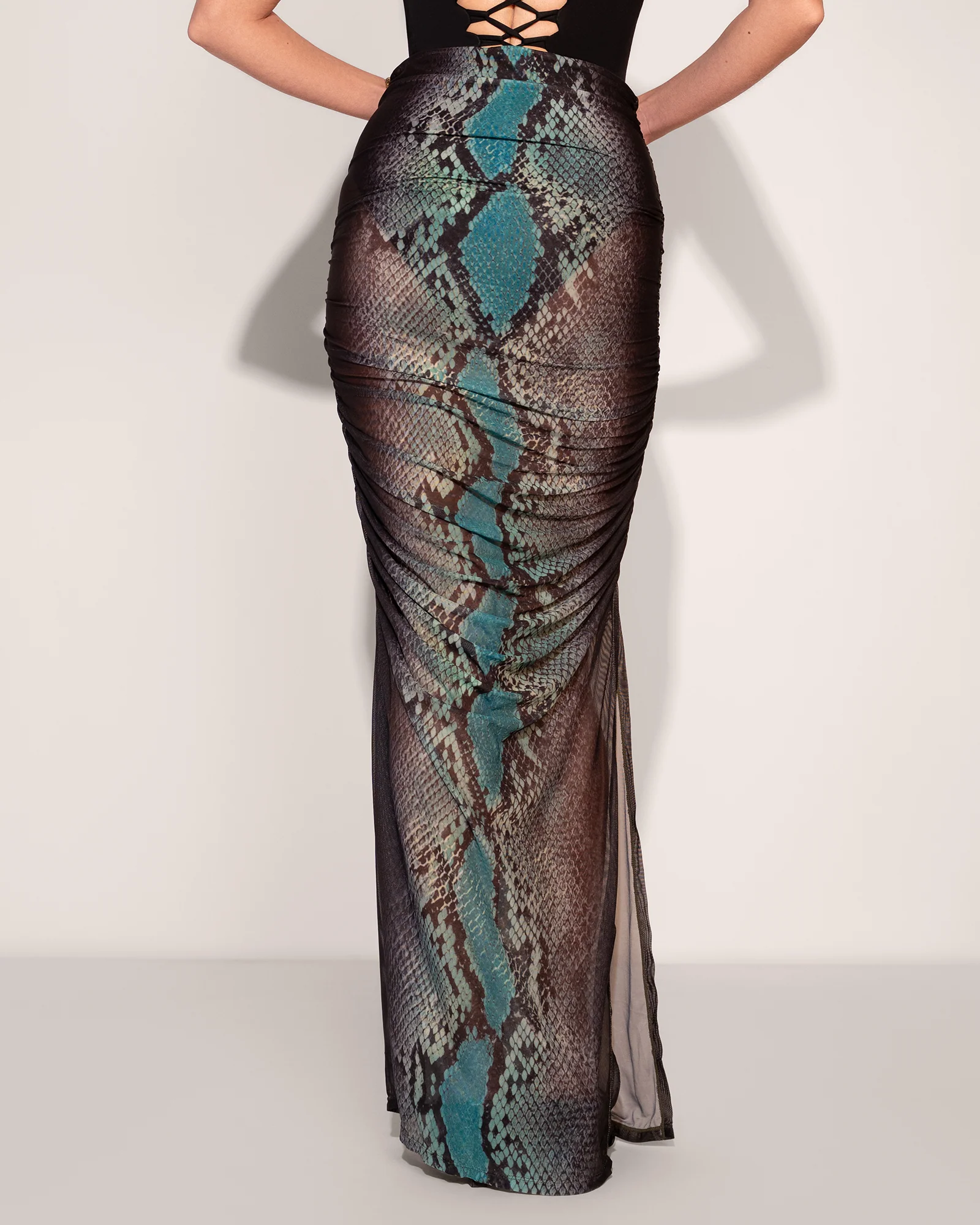 Ruched Sheer Maxi Skirty - Emerald Snake