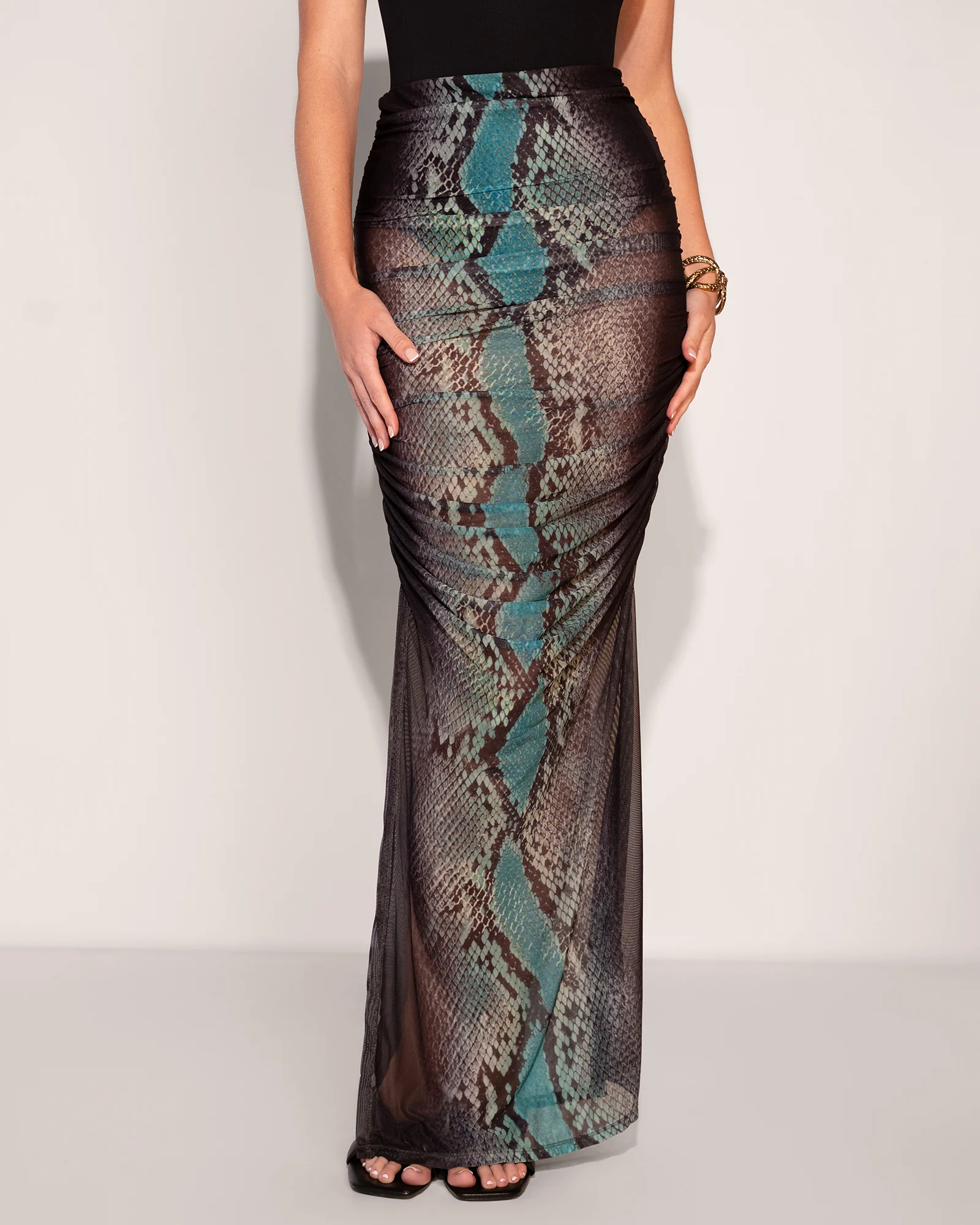 Ruched Sheer Maxi Skirty - Emerald Snake