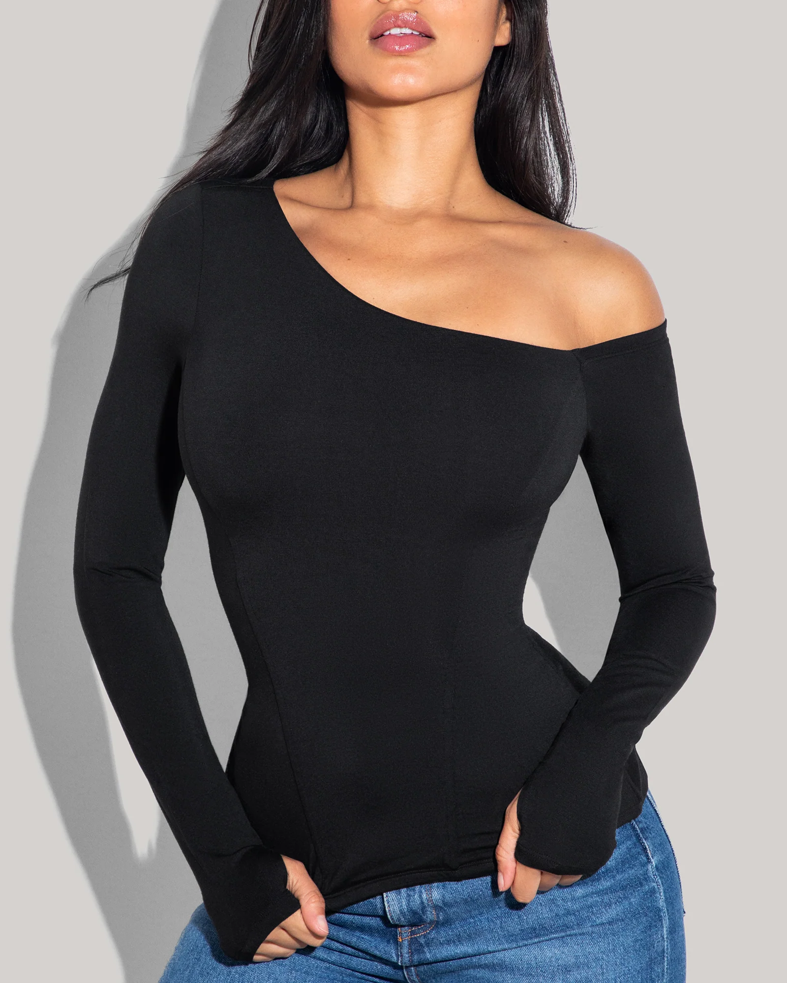 Shapey Long Sleeve One Shoulder Top - Black 4 Shapey Long Sleeve One Shoulder Top - Black