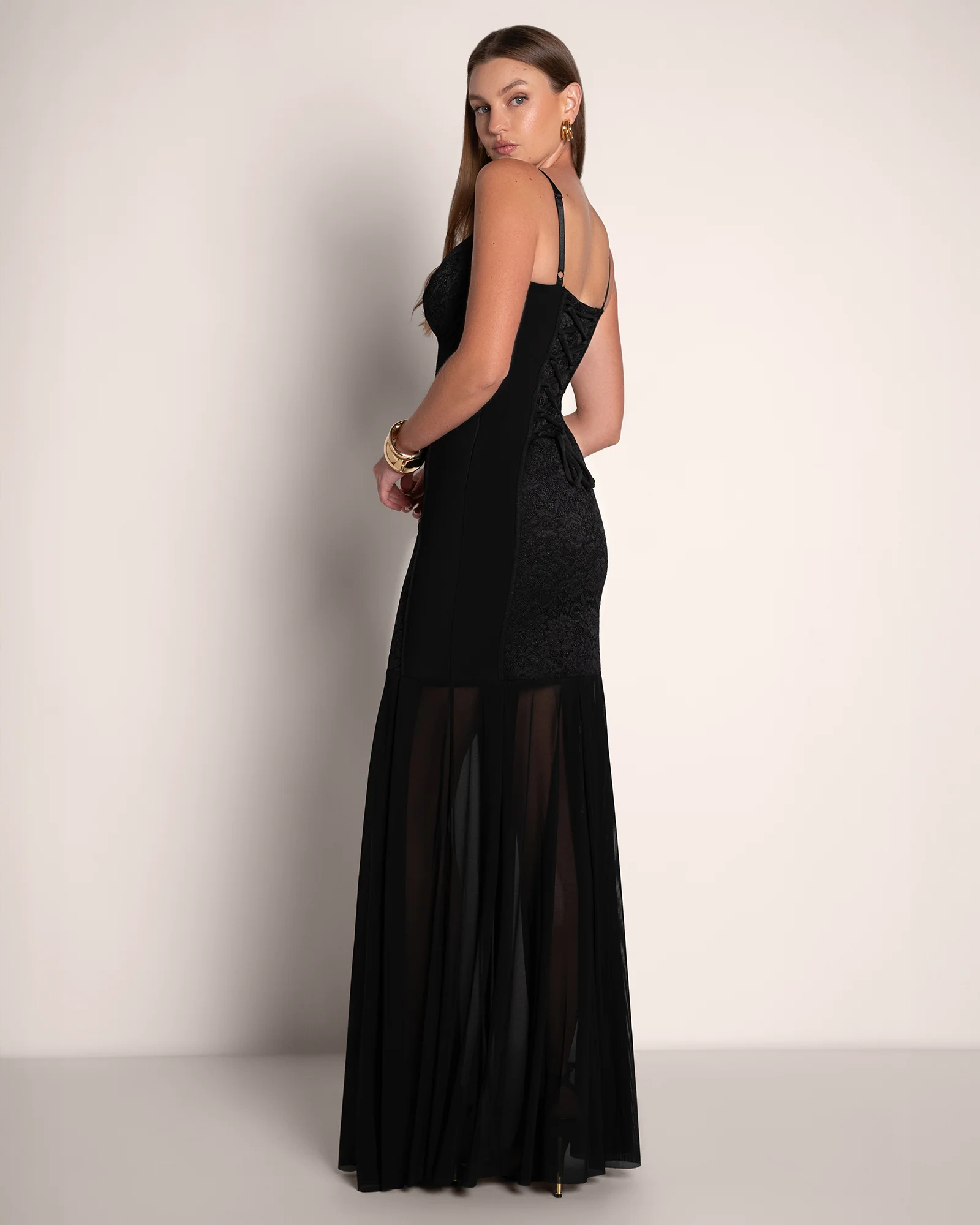Vixen Seamed Flare Maxi Dress - Lace Black