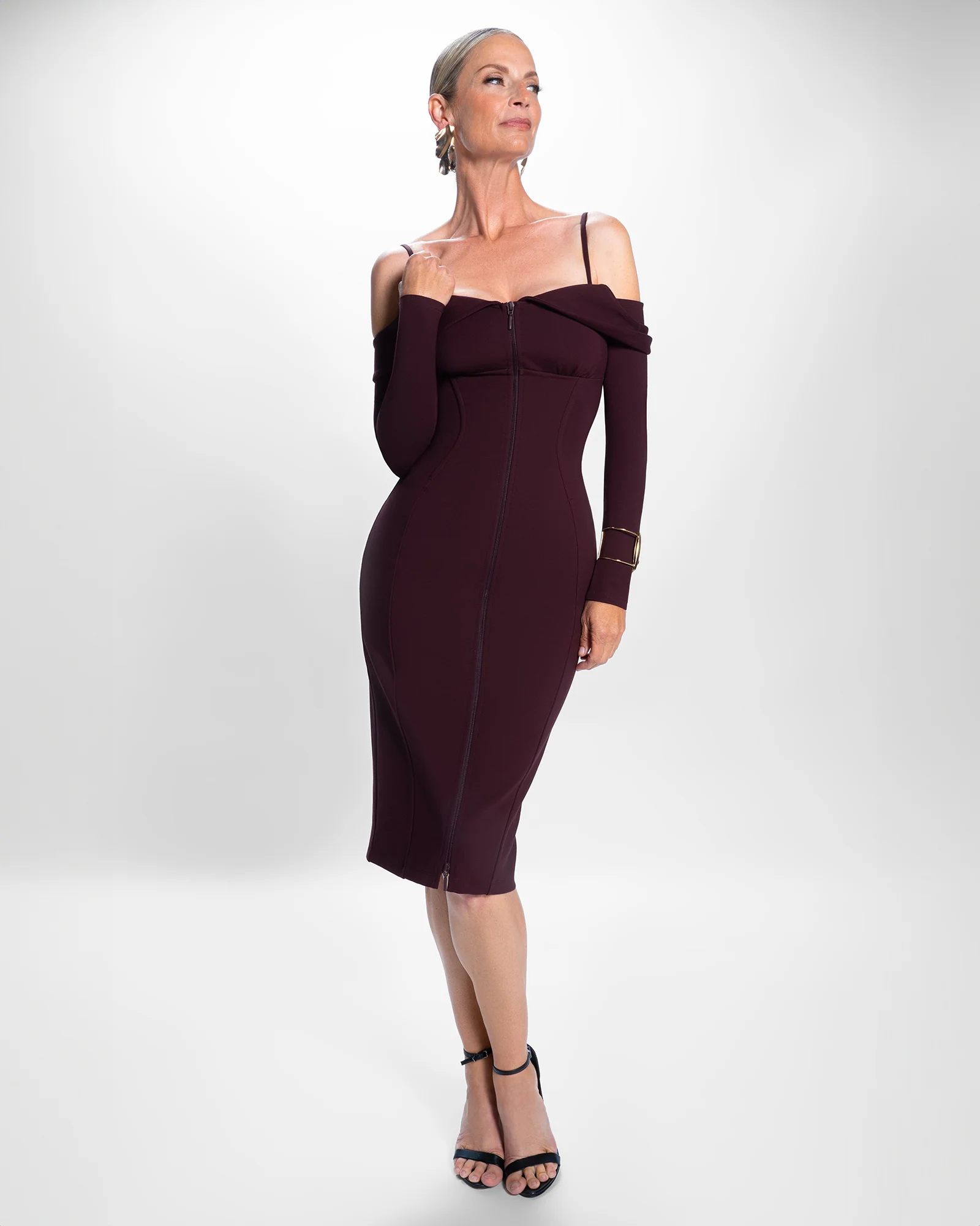 Corsety Off Shoulder Long Sleeve Midi Dress - Garnet