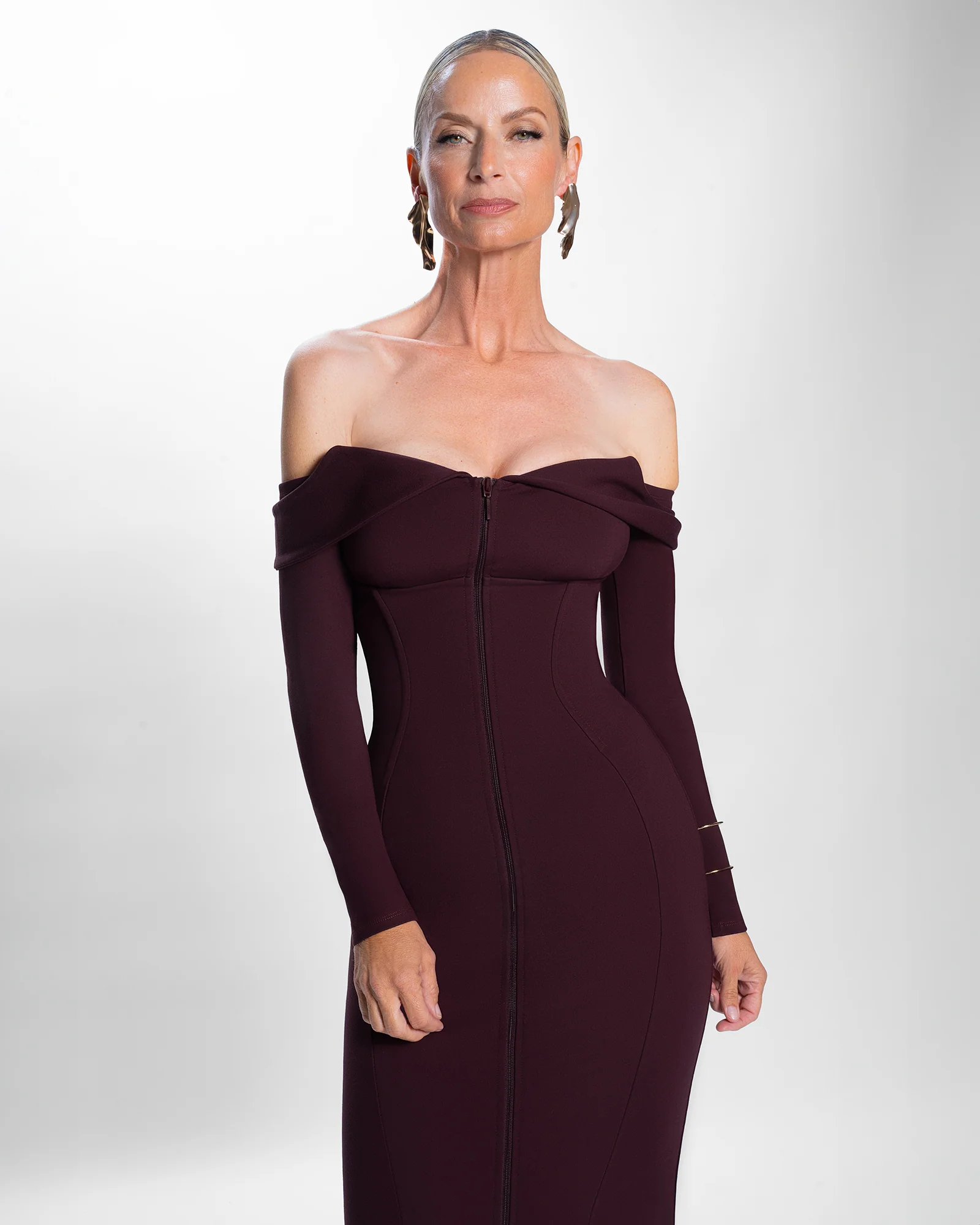 Corsety Off Shoulder Long Sleeve Midi Dress - Garnet