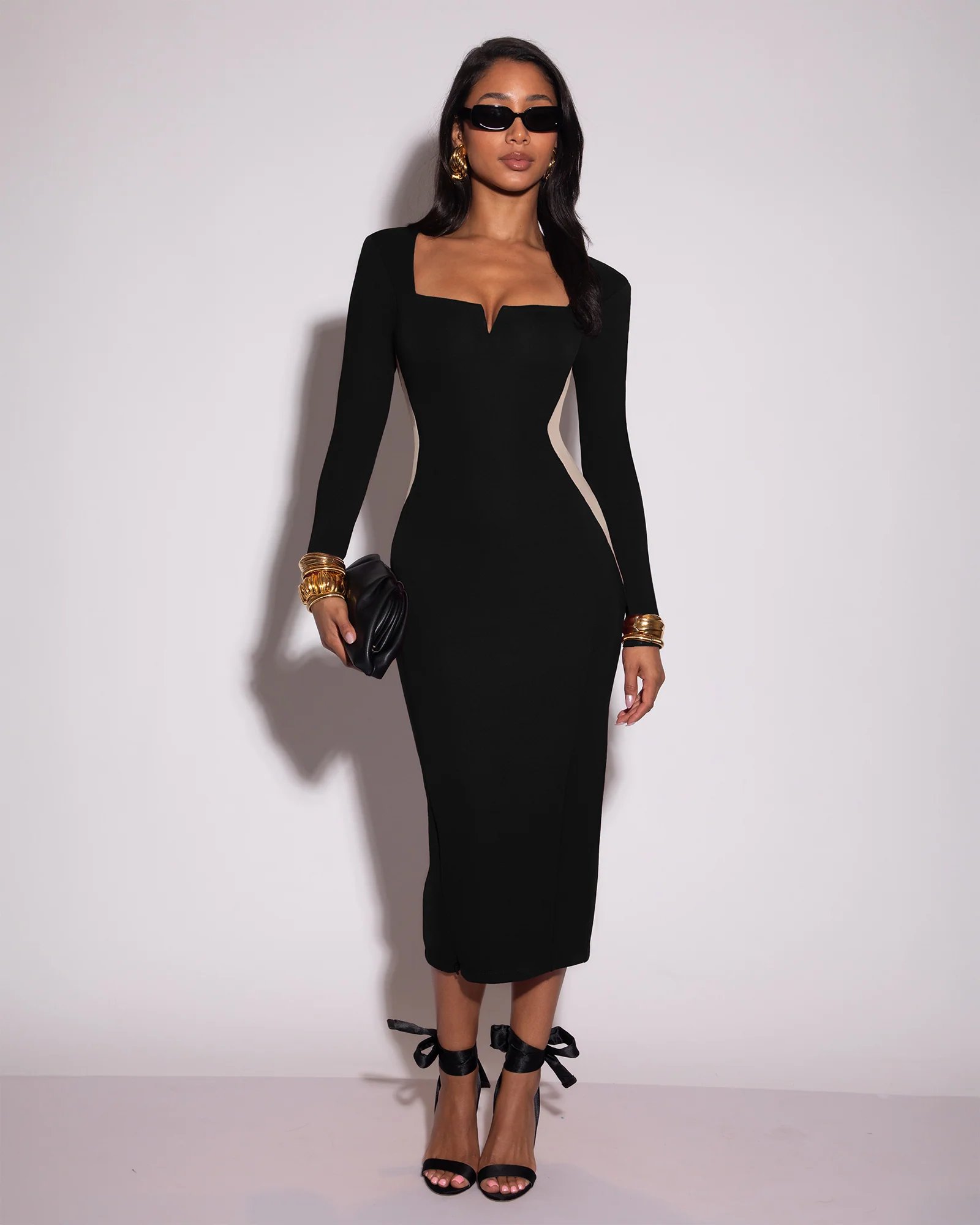 Notchy Long Sleeve Midi Dress - Contour Black/Oat