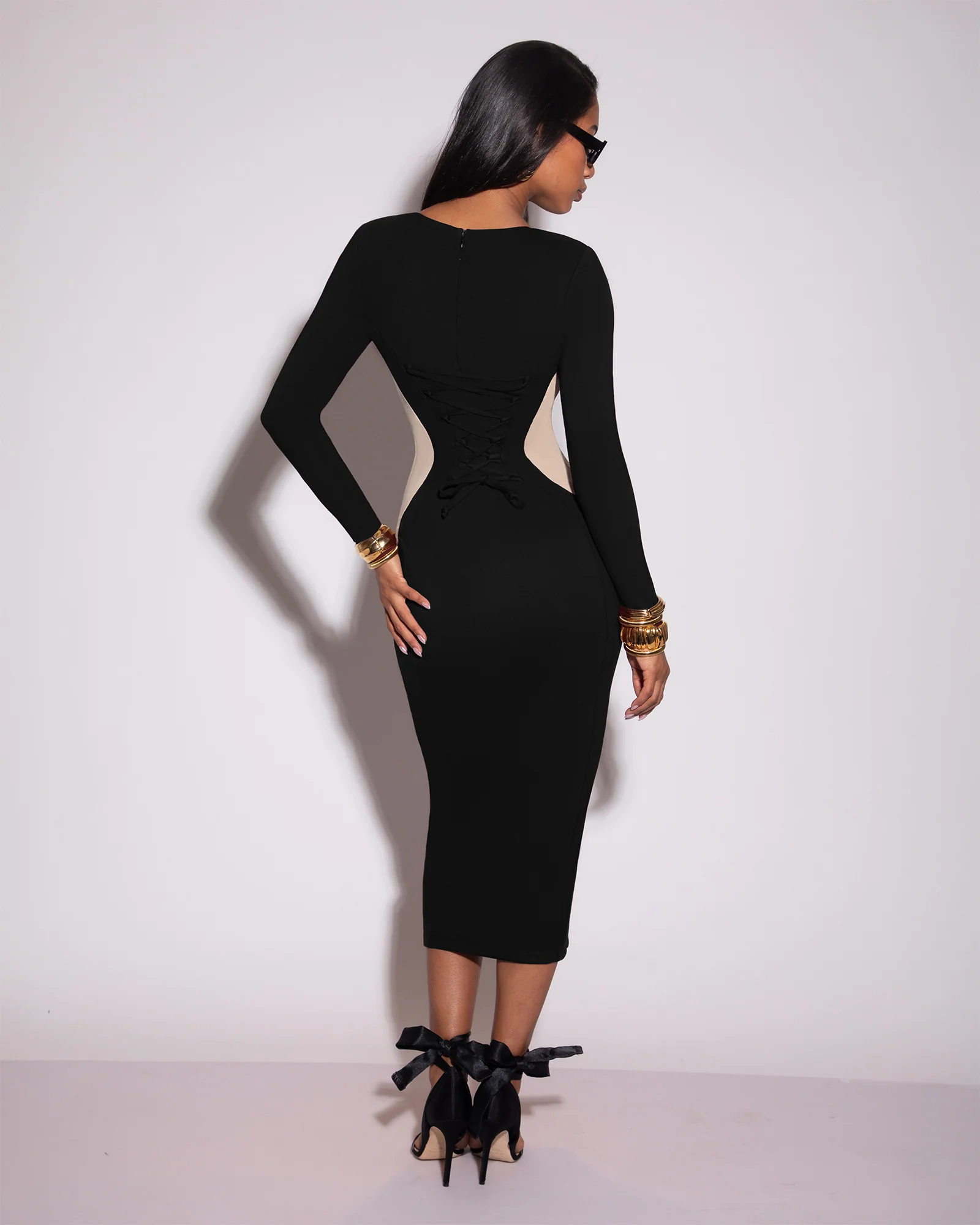 Notchy Long Sleeve Midi Dress - Contour Black/Oat