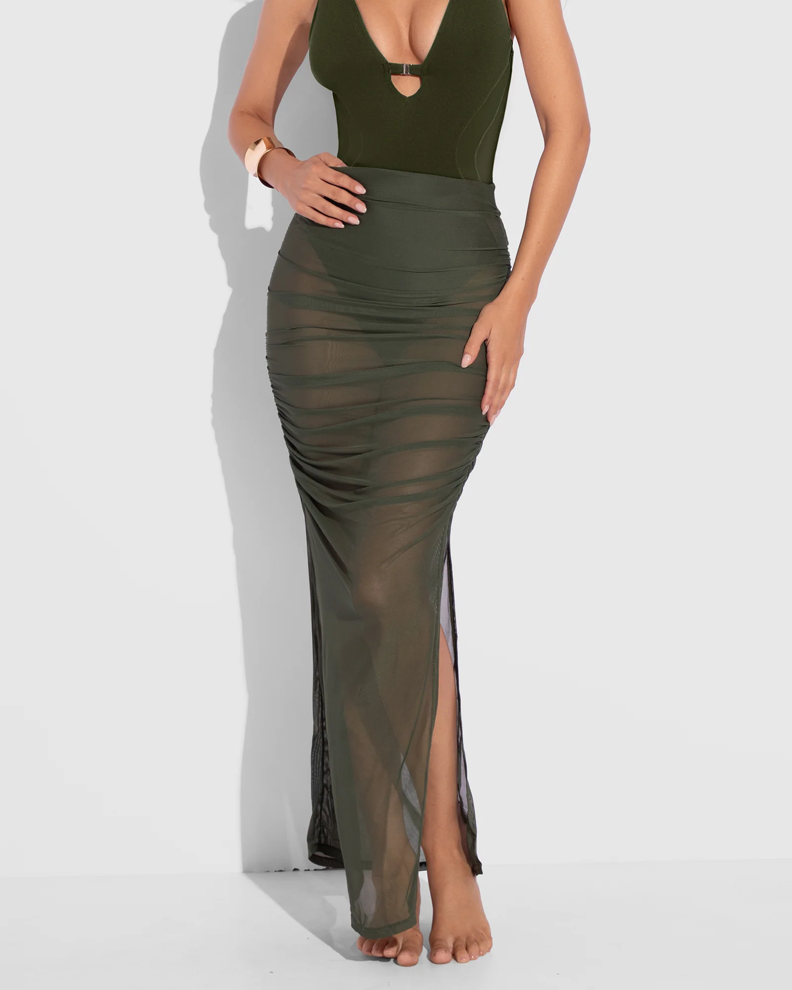 Ruched Sheer Maxi Skirty - Fern Green