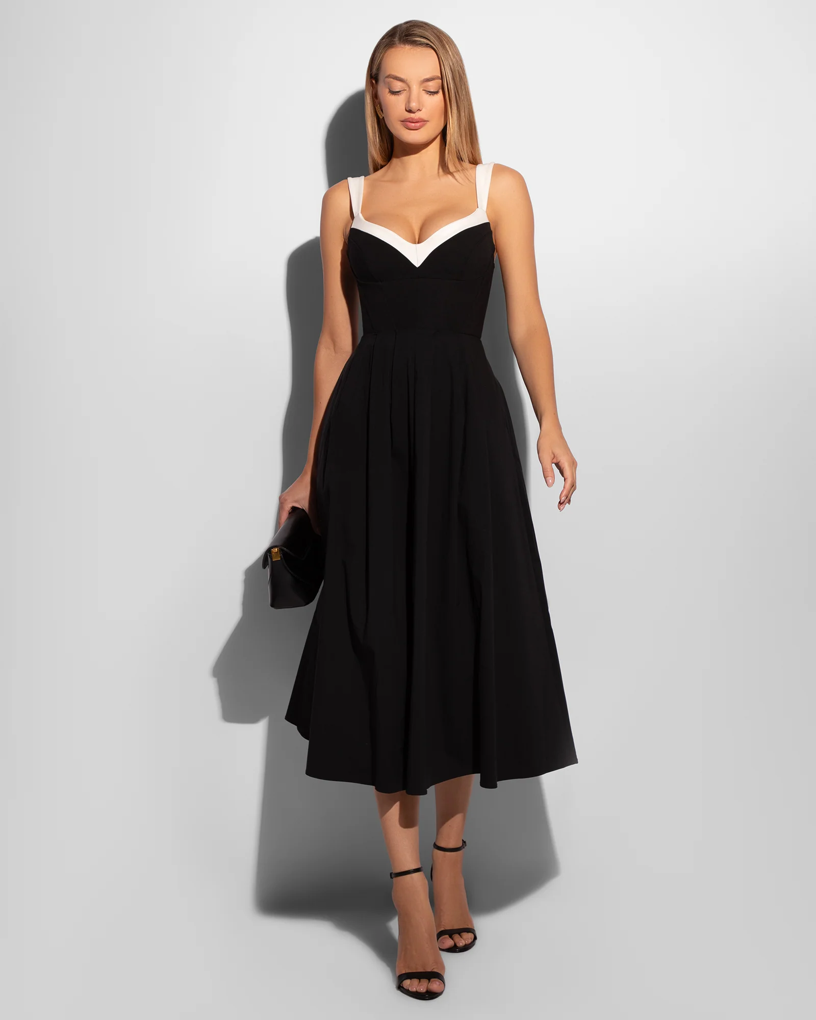 Poplin Fit & Flare Midi Dress - Black/Ivory