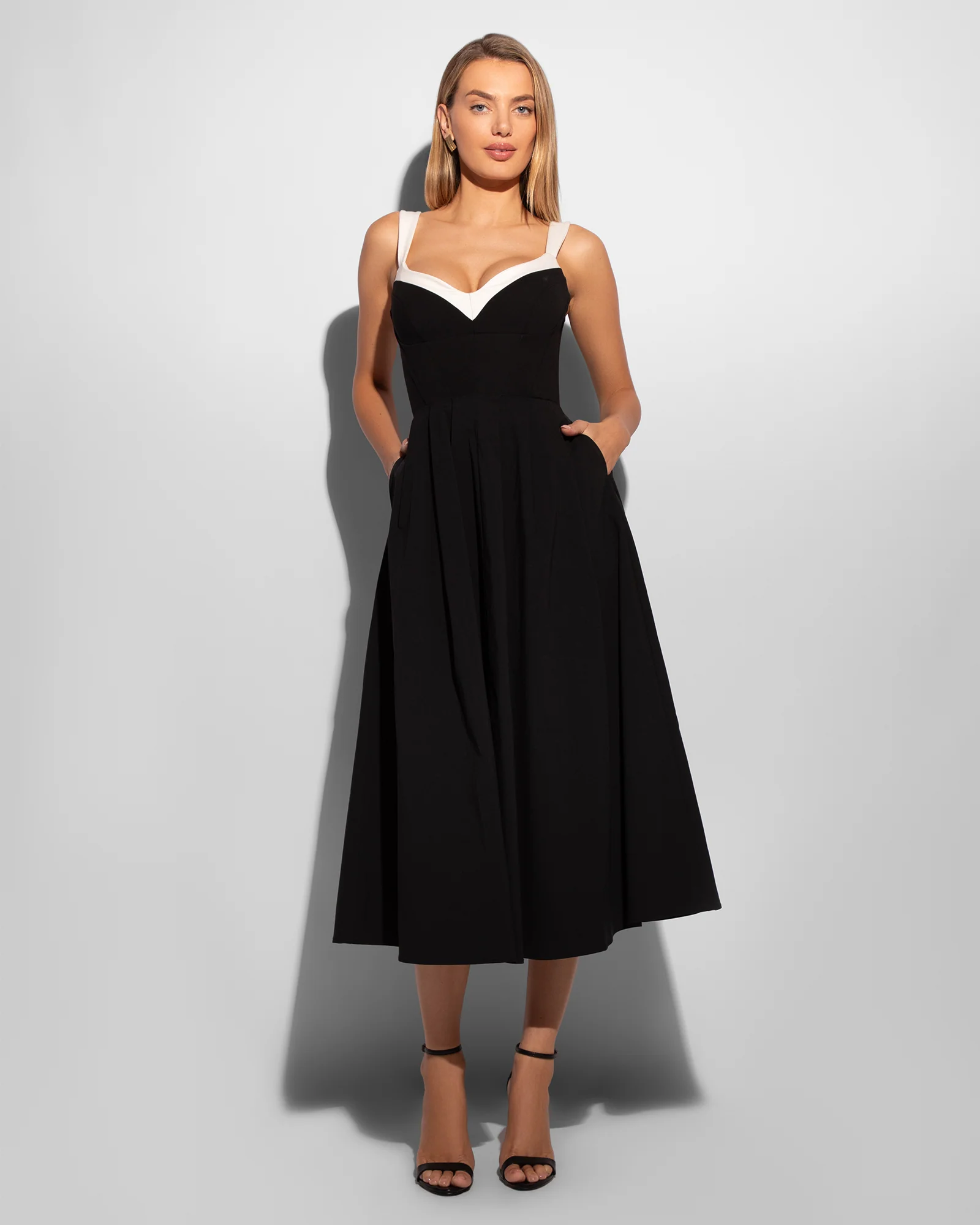 Poplin Fit & Flare Midi Dress - Black/Ivory 4 Poplin Fit & Flare Midi Dress - Black/Ivory