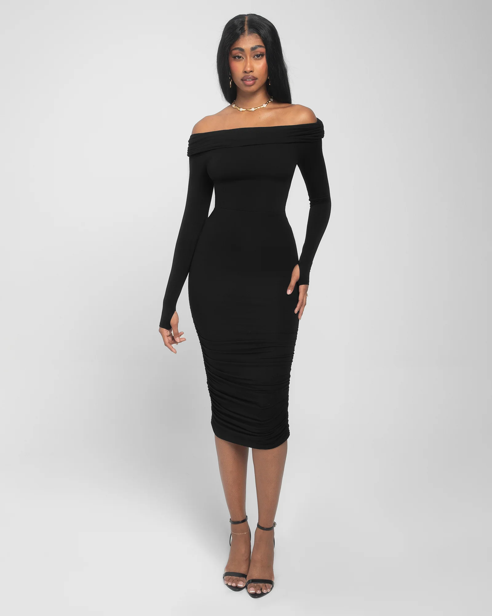 Shapey Off Shoulder Ruched Dress - Black