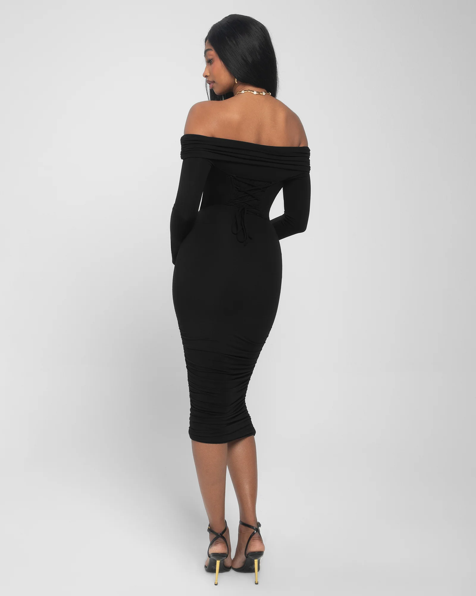 Shapey Off Shoulder Ruched Dress - Black