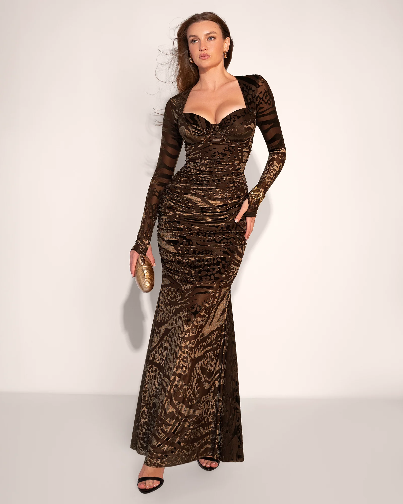 Sweetie Long Sleeve Gown - Velvet Mesh Espresso 4 Sweetie Long Sleeve Gown - Velvet Mesh Espresso