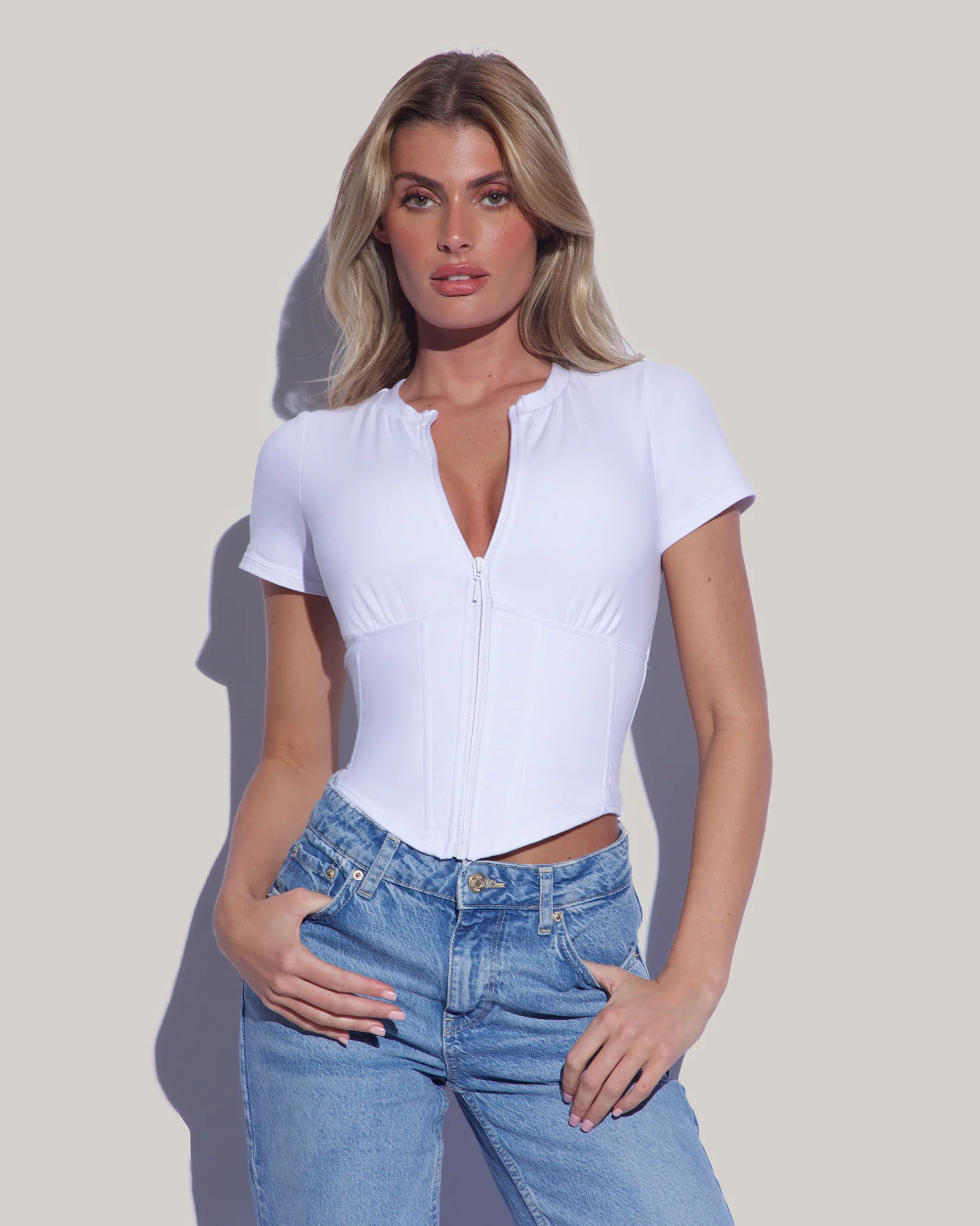Short Sleeve Corsety Top - White