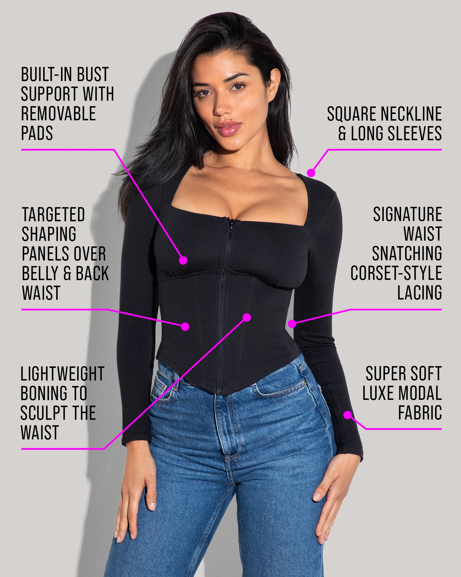 Corsety Square Neck Long Sleeve Top - Black 4 Corsety Square Neck Long Sleeve Top - Black