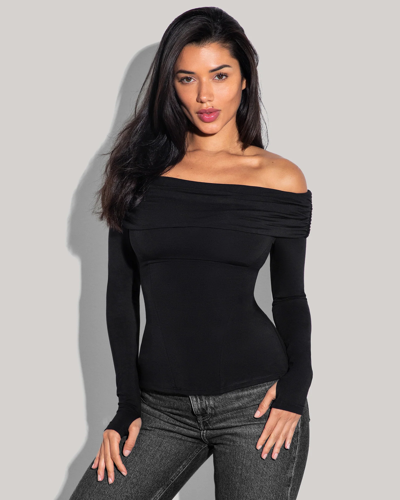 Shapey Off Shoulder Long Sleeve Top - Black
