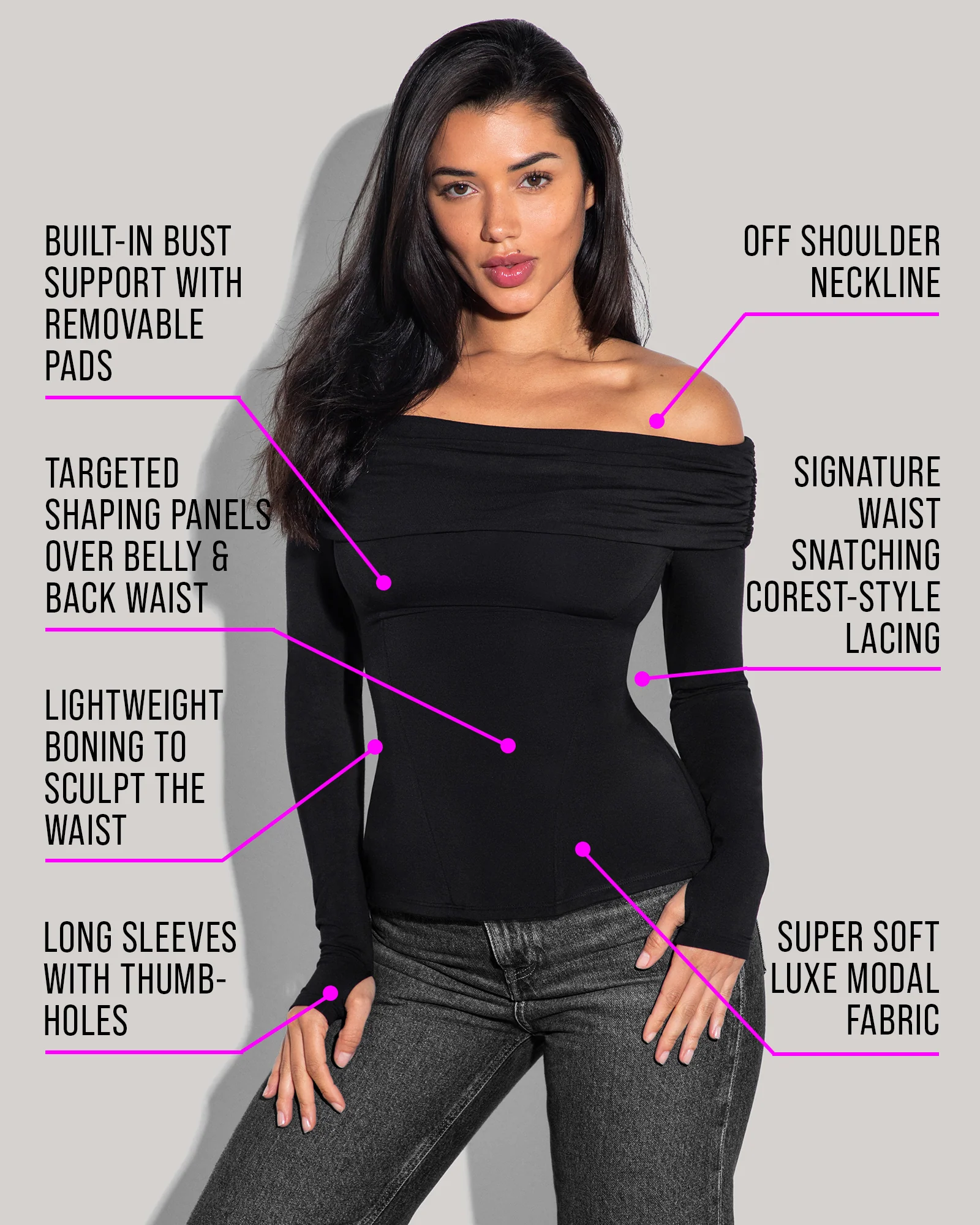 Shapey Off Shoulder Long Sleeve Top - Black