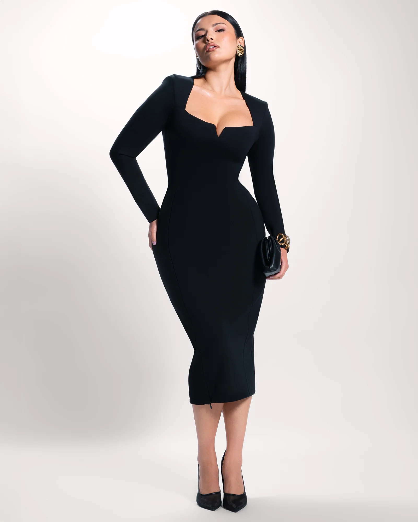 Notchy Long Sleeve Midi Dress - Black