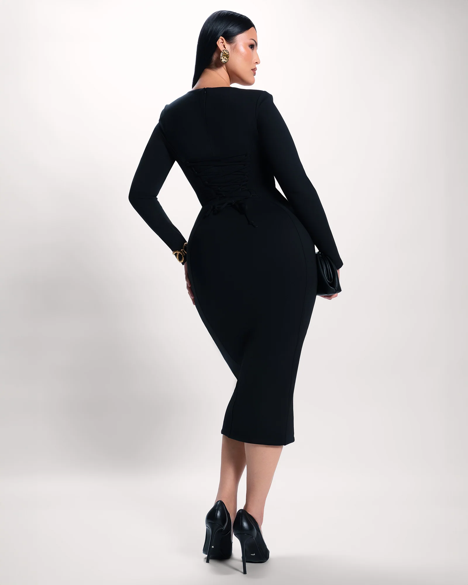Notchy Long Sleeve Midi Dress - Black