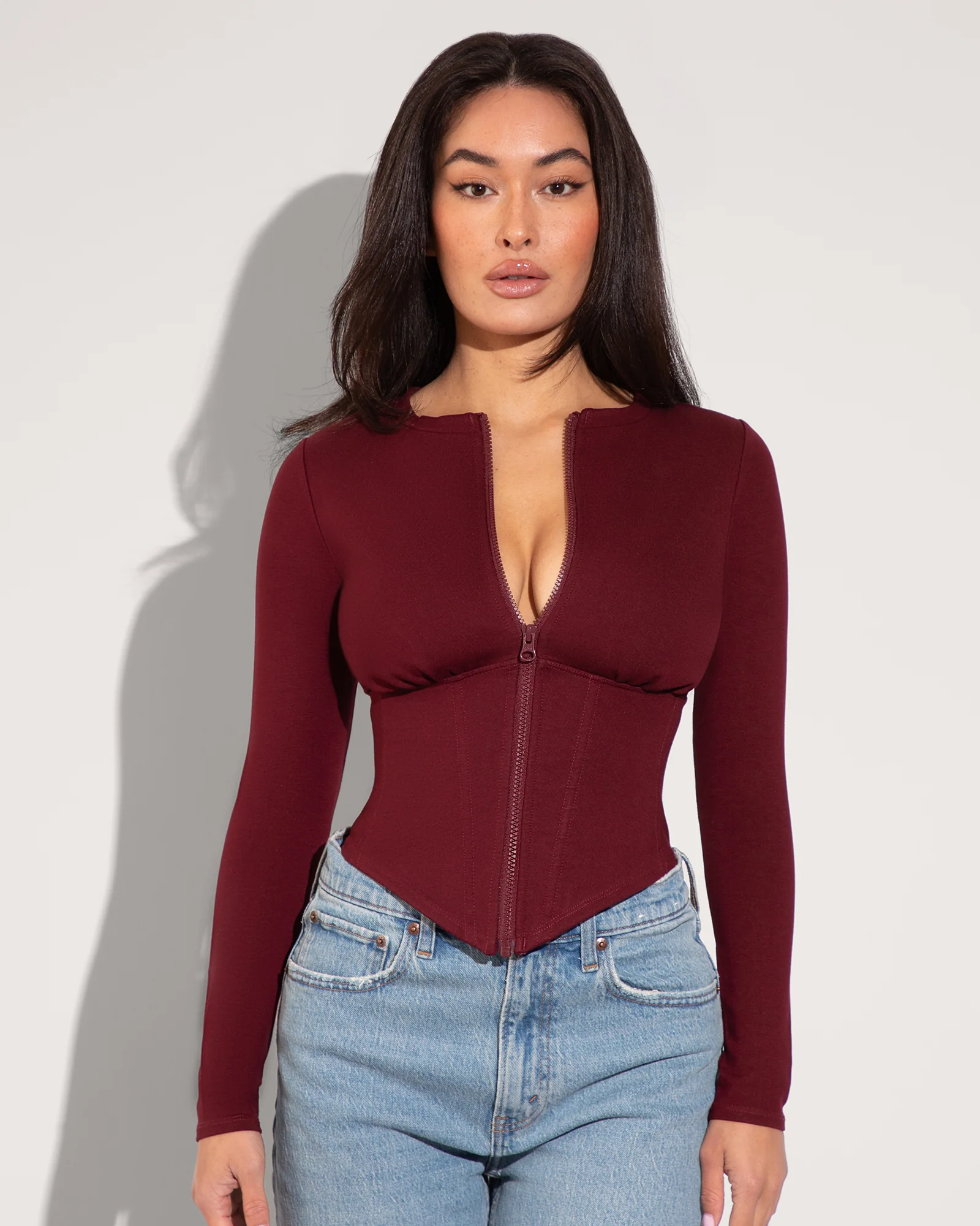 Long Sleeve Corsety Top - Dark Cherry