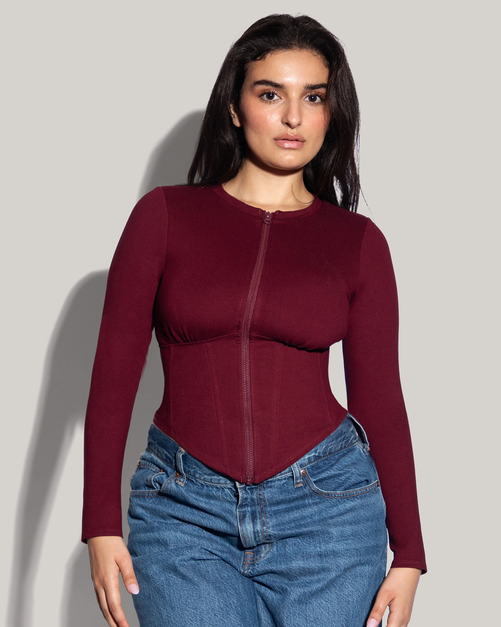Long Sleeve Corsety Top - Dark Cherry