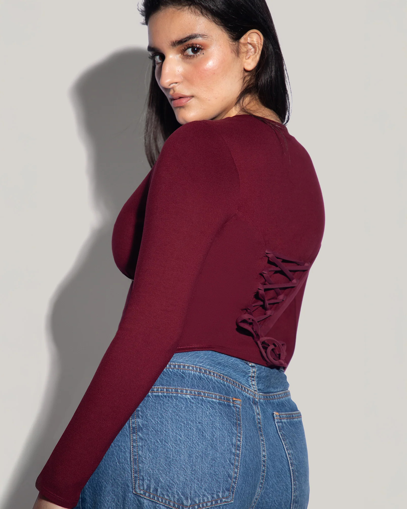 Long Sleeve Corsety Top - Dark Cherry