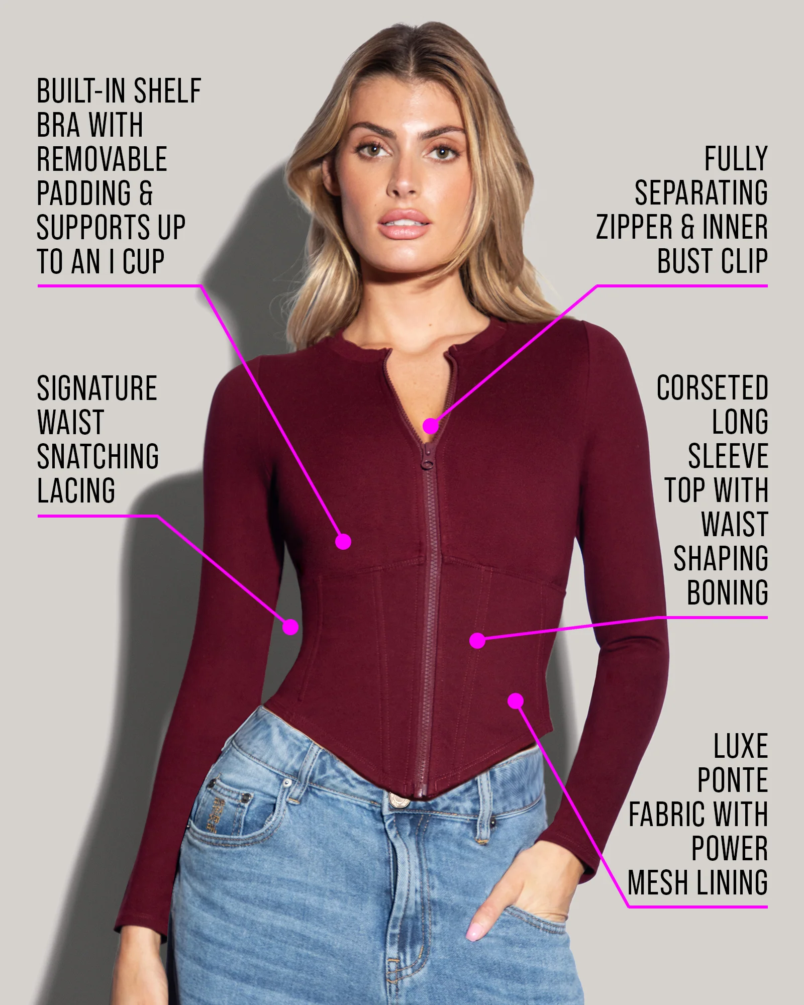 Long Sleeve Corsety Top - Dark Cherry