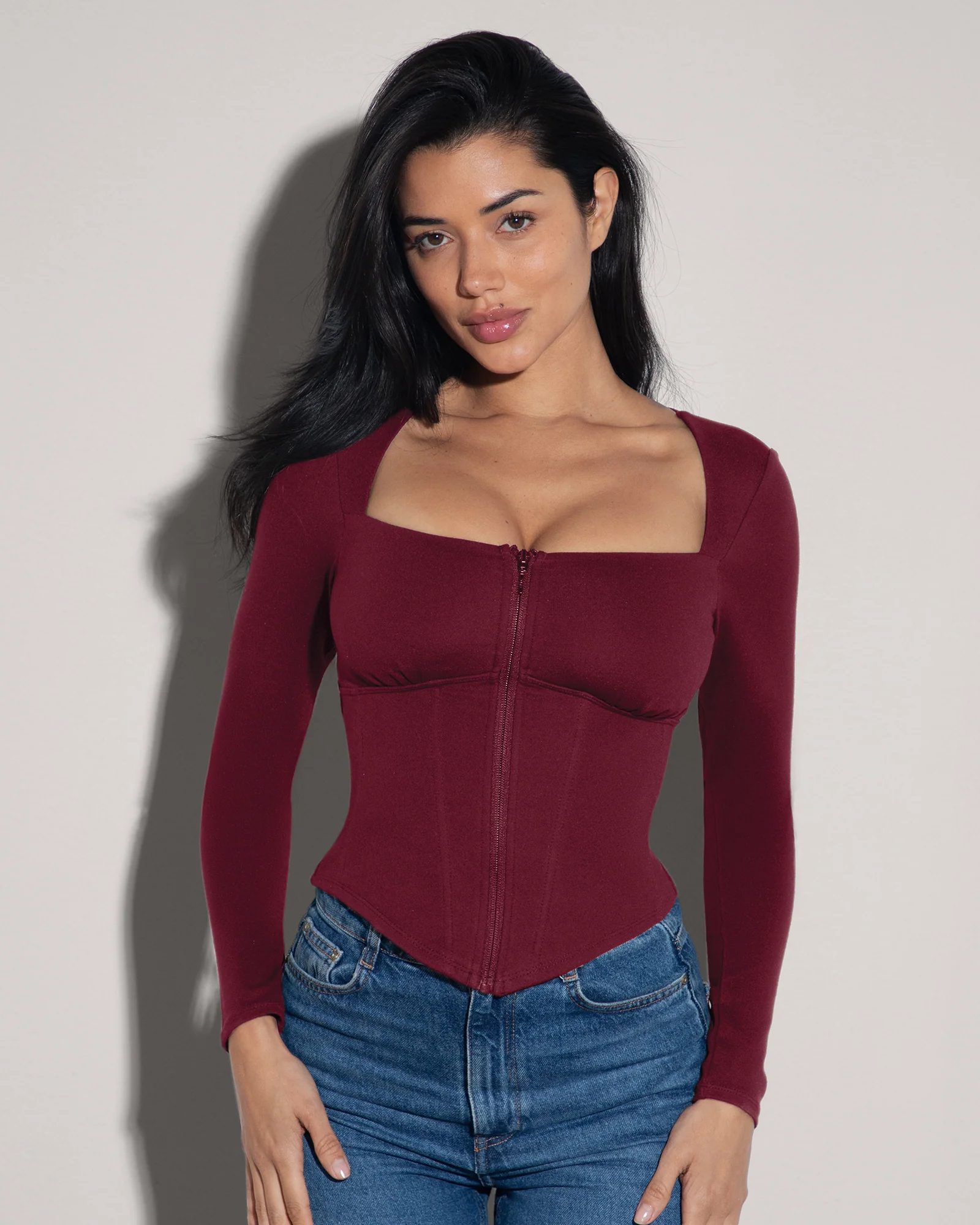 Corsety Square Neck Long Sleeve Top - Dark Cherry