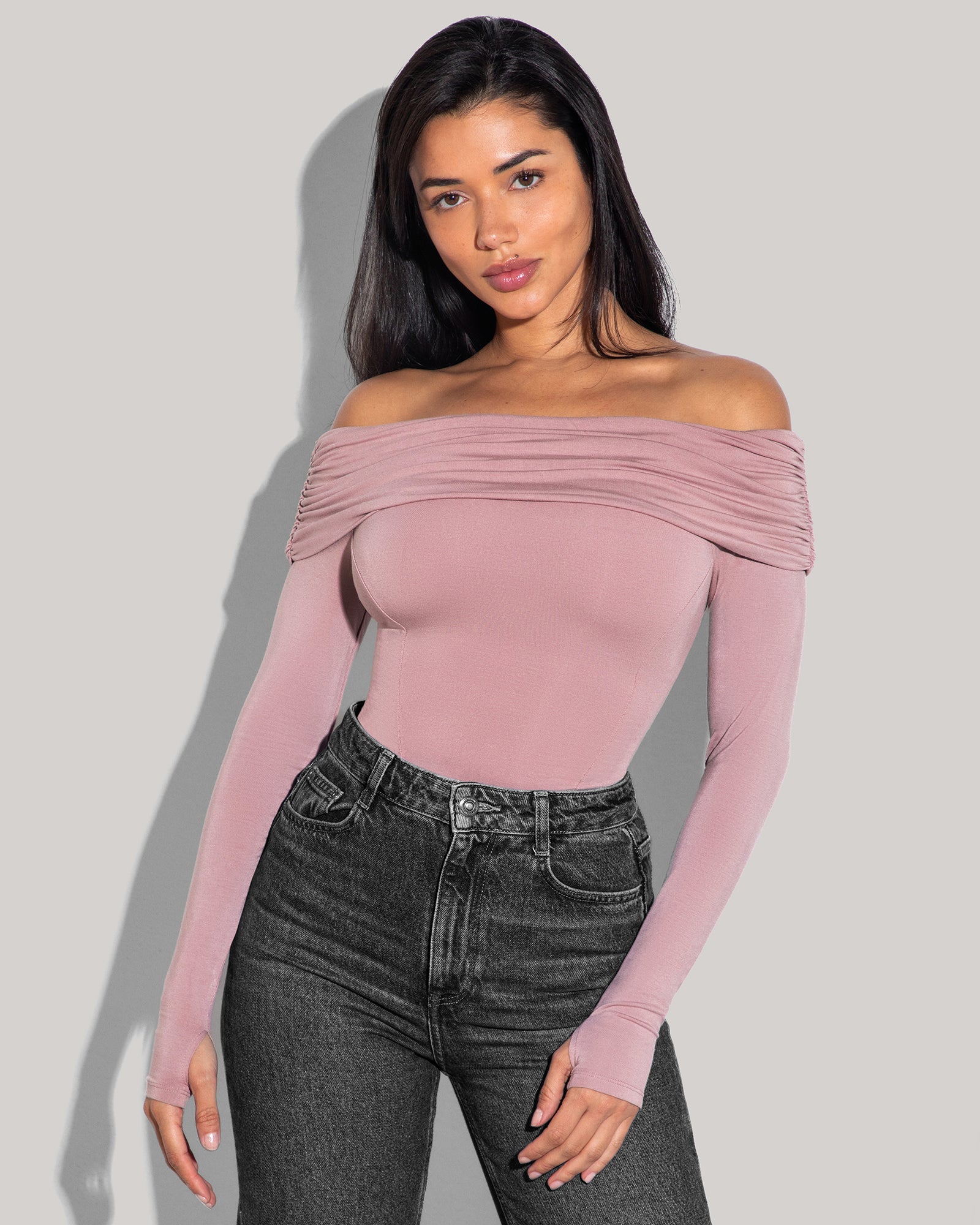 Shapey Off Shoulder Long Sleeve Top - Dusty Rose
