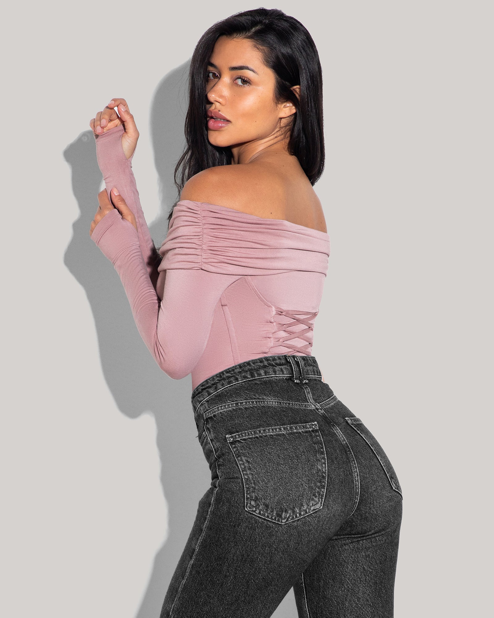 Shapey Off Shoulder Long Sleeve Top - Dusty Rose