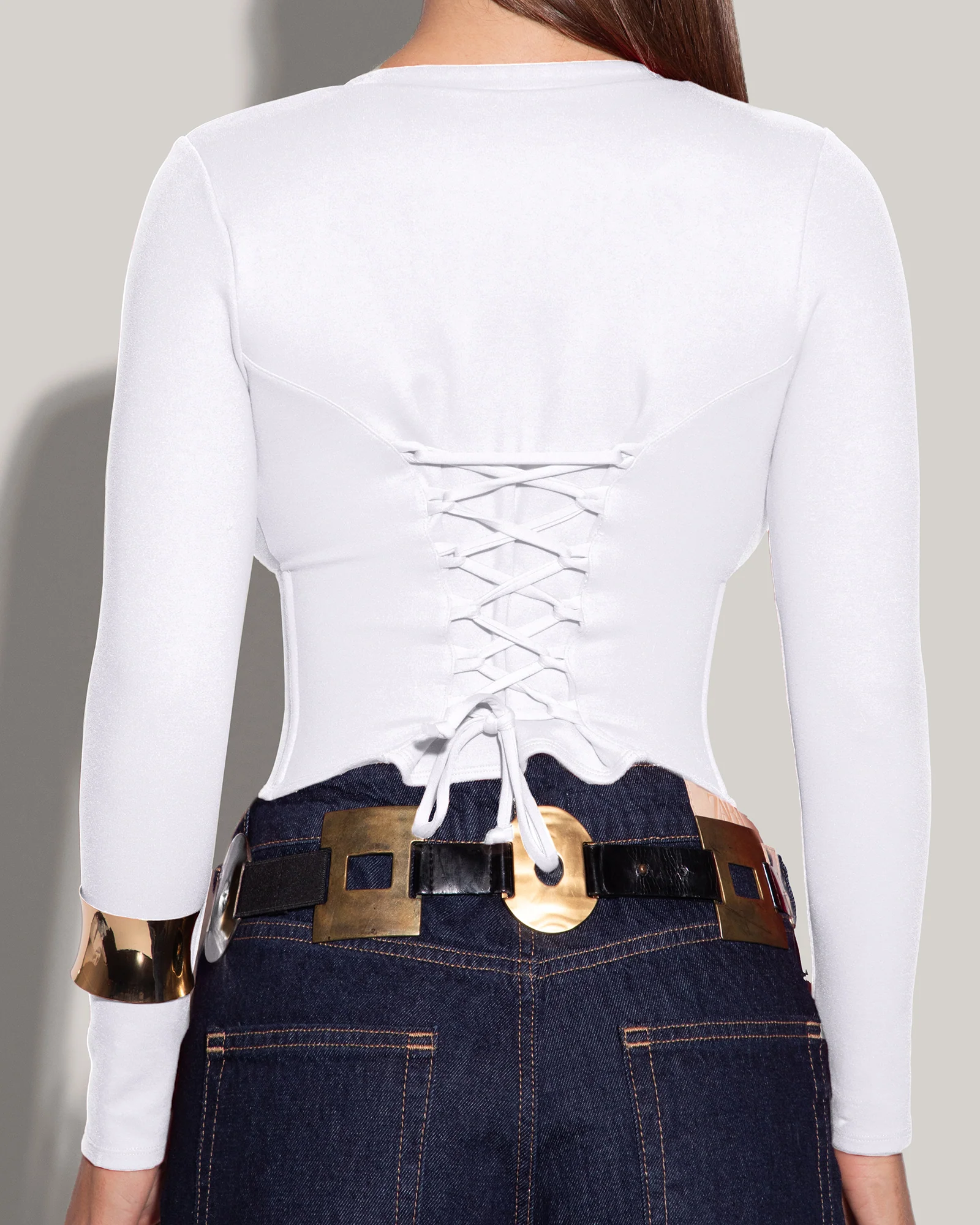 Long Sleeve Corsety Top - White