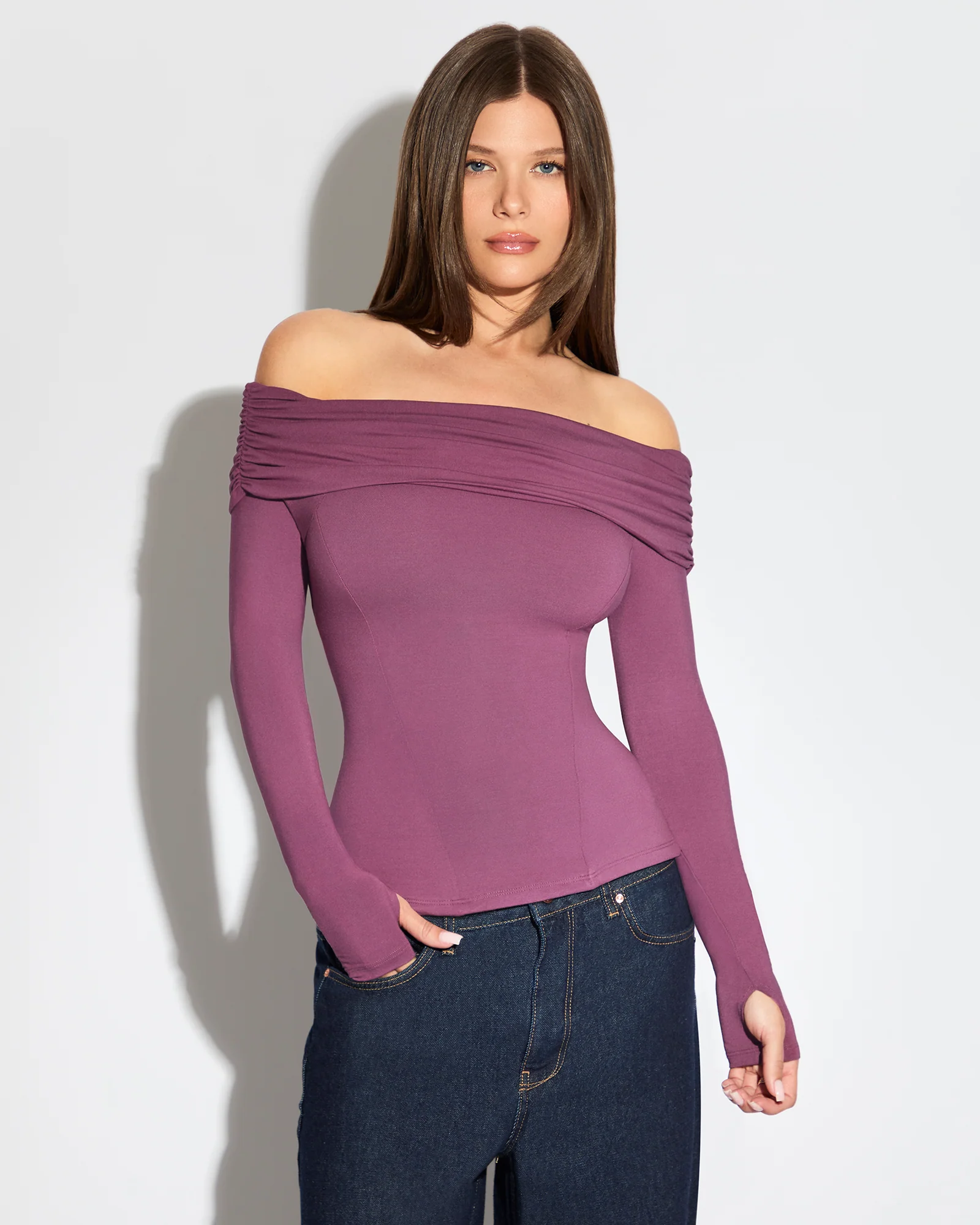 Shapey Off Shoulder Long Sleeve Top - Grape