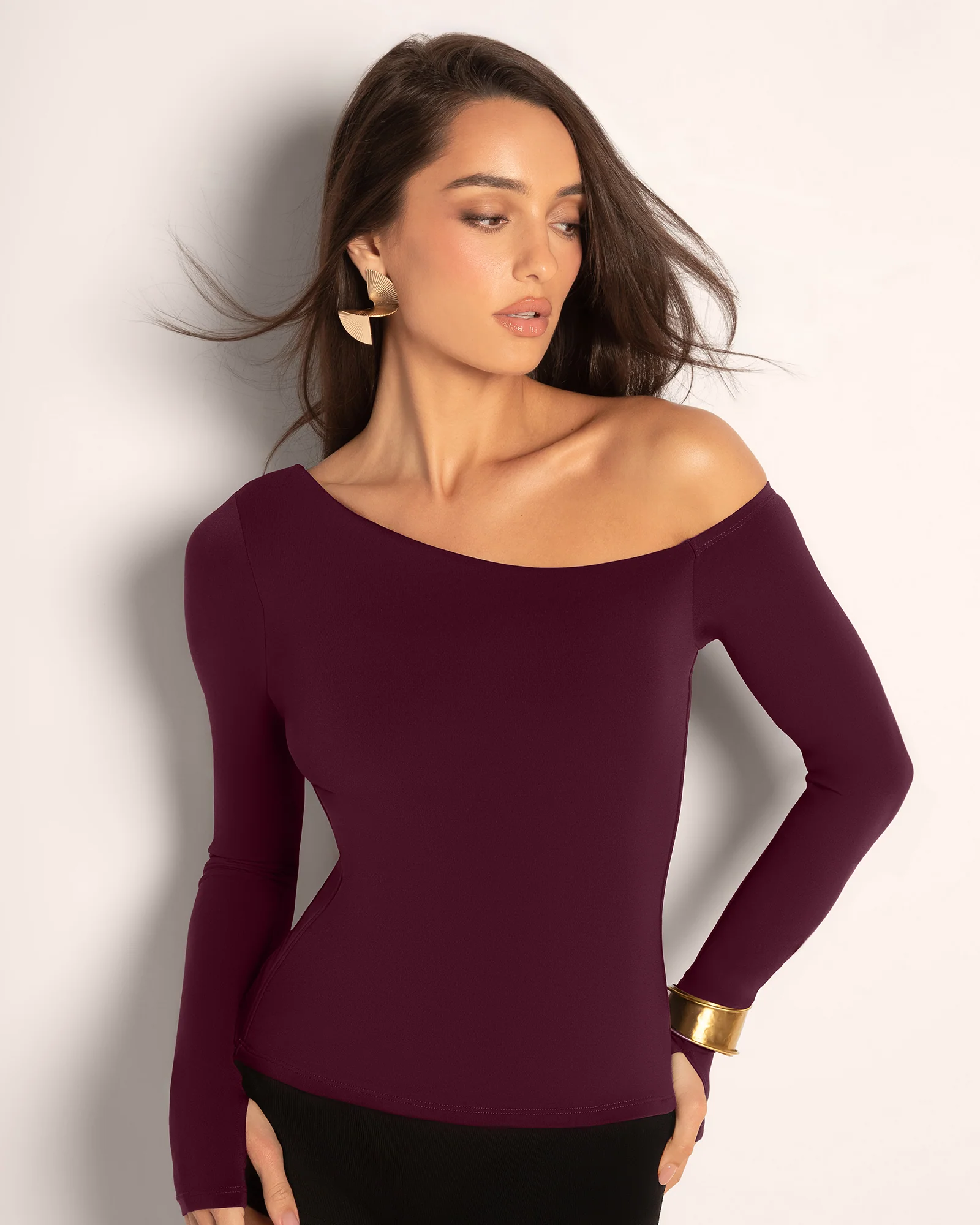 Sculpty One Shoulder Long Sleeve Top - Garnet