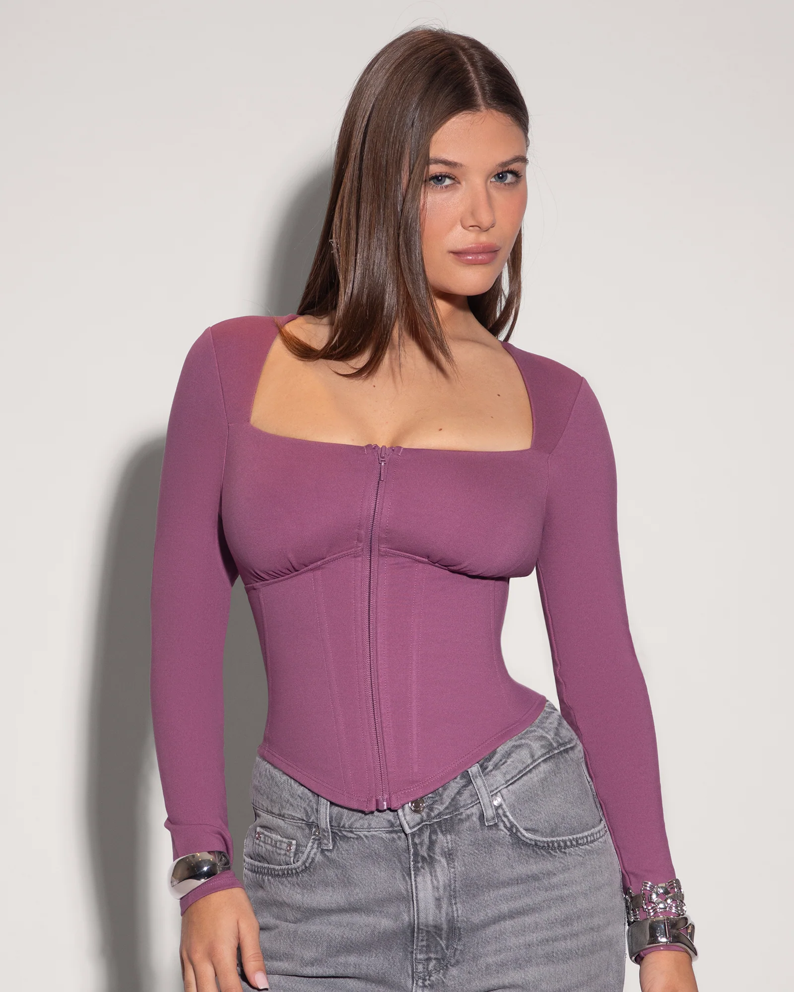 Corsety Long Sleeve Square Neck Top - Grape