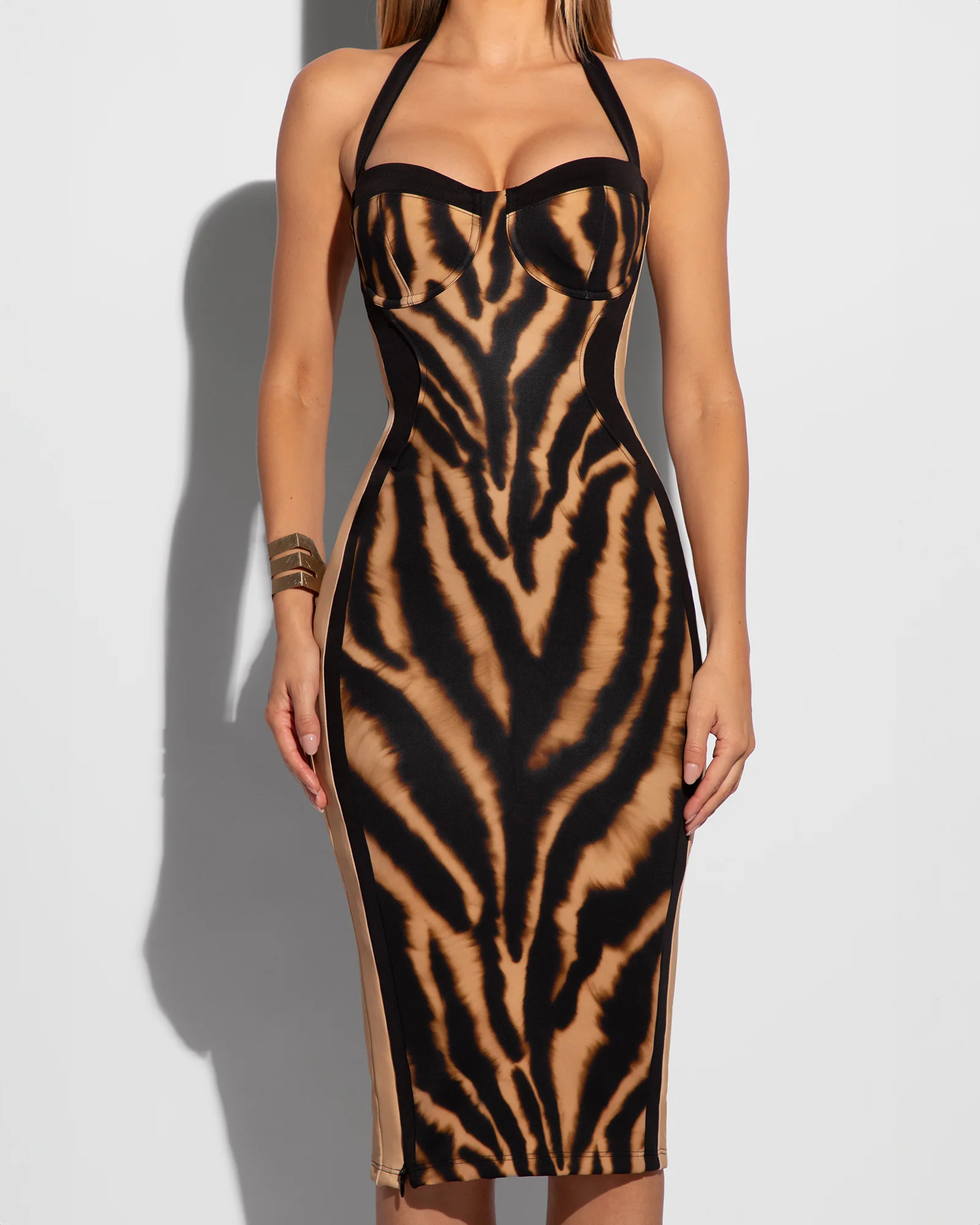 Seamed Lushy Halter Dress - Contour Golden Zebra