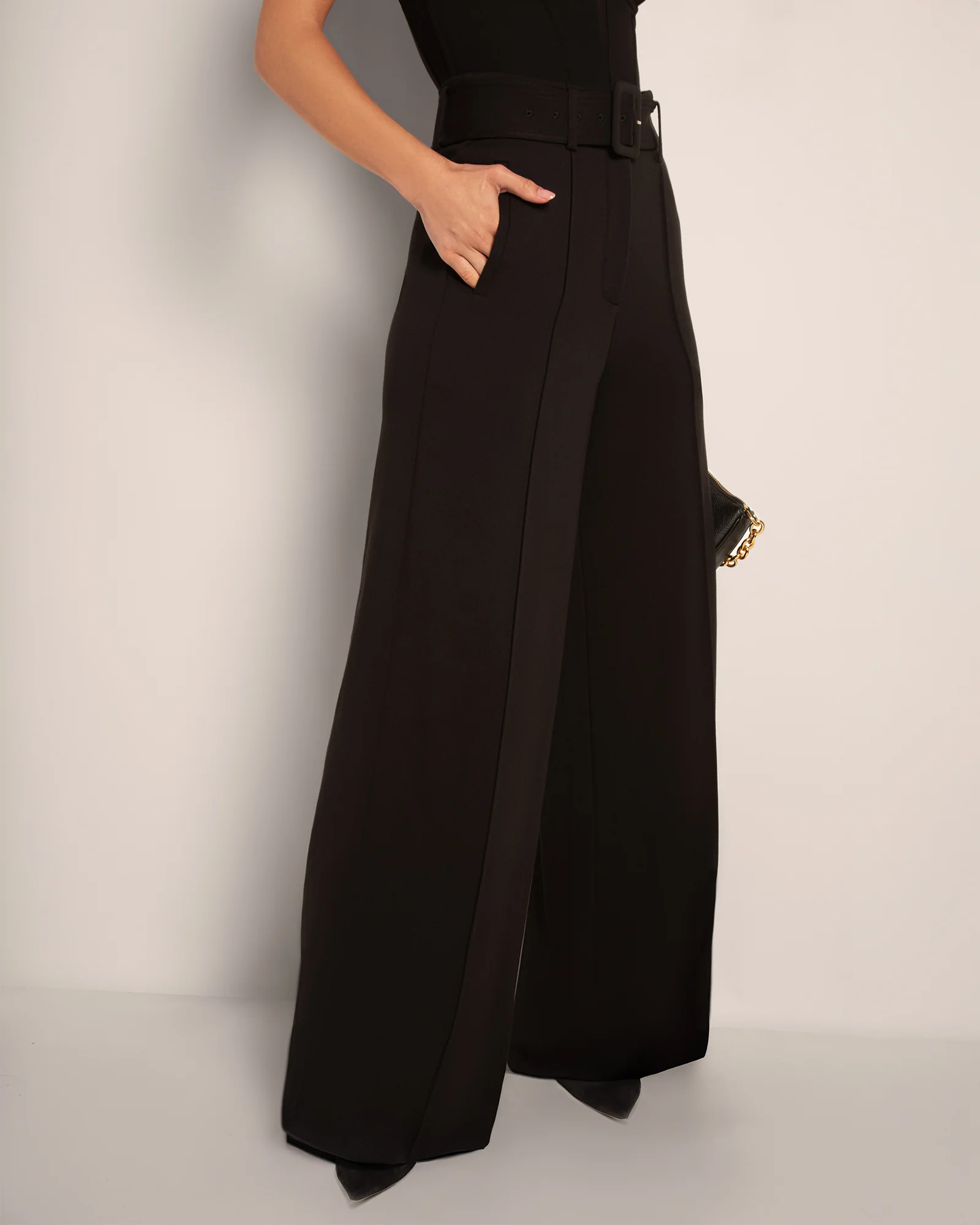 Belted Wide Leg Ponte Pant - Black